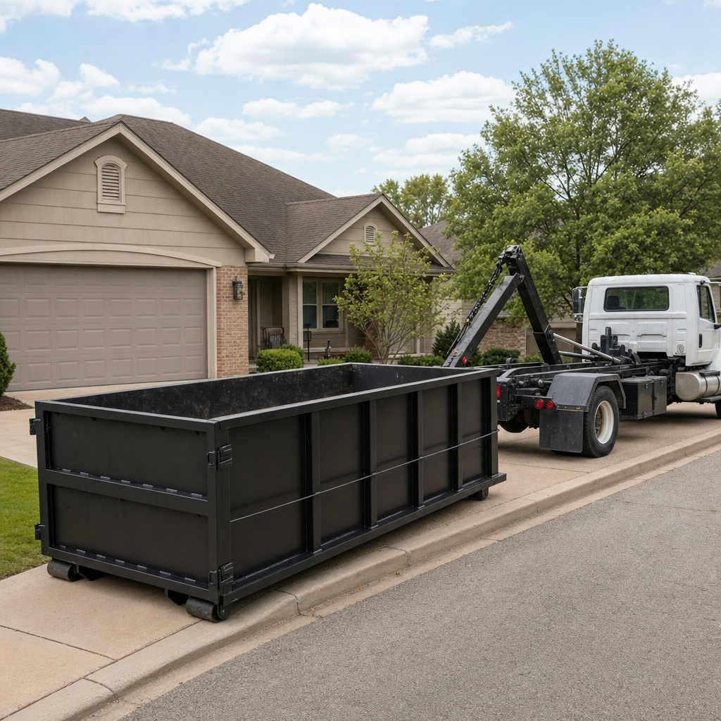 Wide documentary shot of a matte-black roll-off dumpster on a Waukegan residential driveway in the foreground and a contractor jobsite container in the soft-focus background, bright daylight, calm and orderly composition.